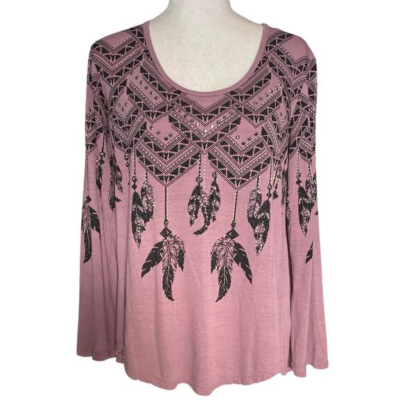 Vocal rhinestone graphic tunic top, ladies mauve medium tribal feather print - Picture 1 of 8